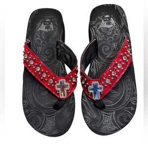 Fighting Elephants XL (9/10) Red Studded Flip Flops with Cross Accents